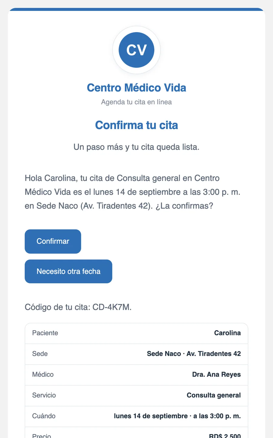 El correo de confirmación que recibe el paciente, con la fecha de la cita y el botón «Confirmar».